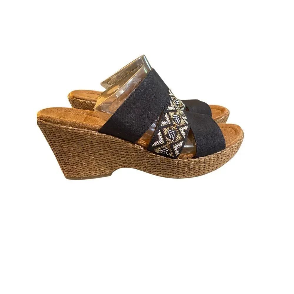 Naturalizer women’s opal, black linen, tribal, print, wedge sandal 9